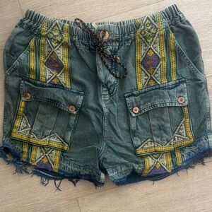 Free People Green and Yellow Cargo Shorts with Bohemian Flair